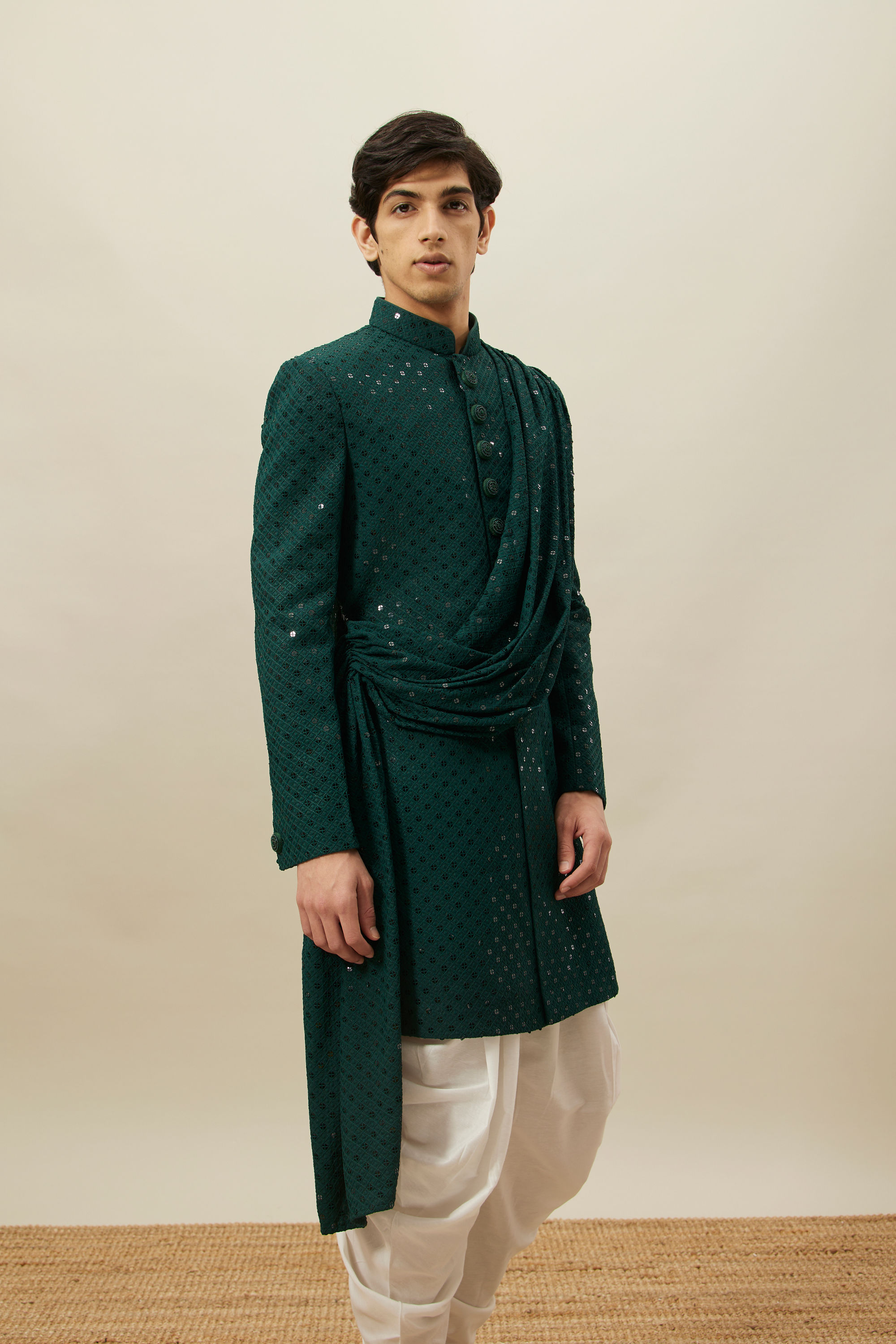 Manyavar Men Atlantic Deep Green Self Patterned Indo Western Set