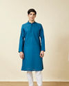 alt message - Manyavar Men Brilliant Blue Embroidered Neckline Kurta Set image number 2