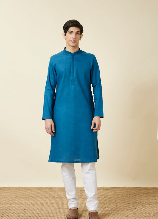 alt message - Manyavar Men Brilliant Blue Embroidered Neckline Kurta Set image number 2