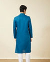 alt message - Manyavar Men Brilliant Blue Embroidered Neckline Kurta Set image number 5