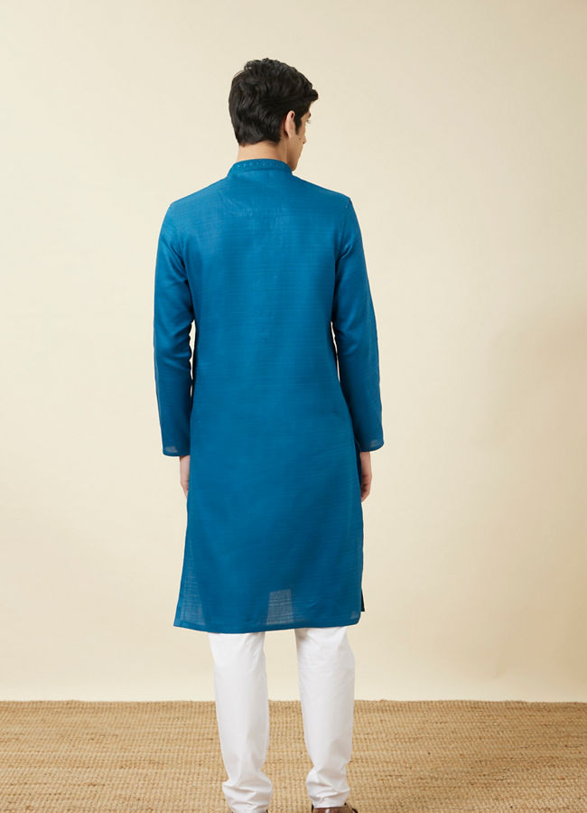 alt message - Manyavar Men Brilliant Blue Embroidered Neckline Kurta Set image number 5