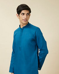 Manyavar Men Brilliant Blue Embroidered Neckline Kurta Set