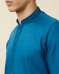 Manyavar Men Brilliant Blue Embroidered Neckline Kurta Set