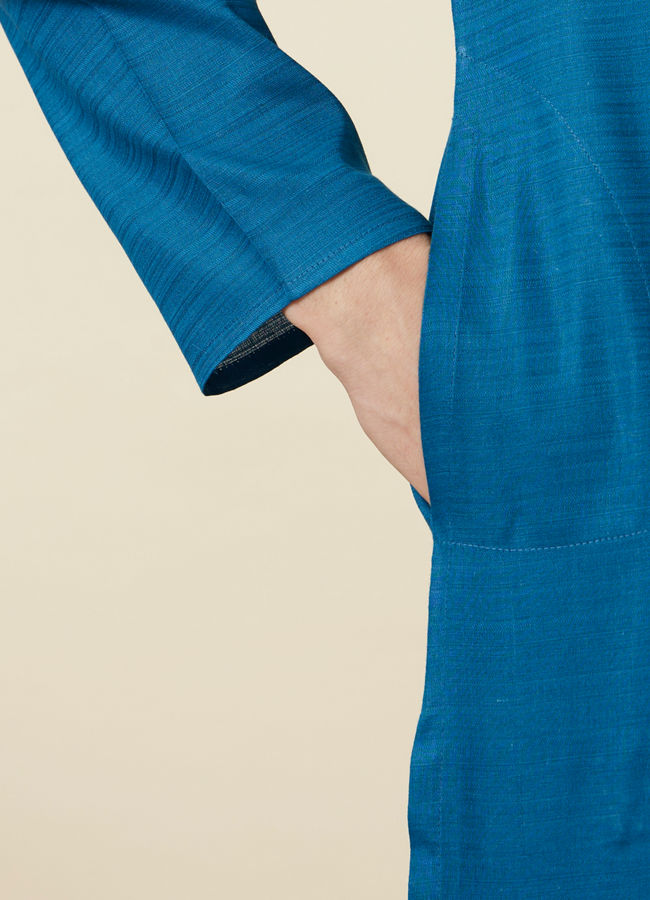 Manyavar Men Brilliant Blue Embroidered Neckline Kurta Set