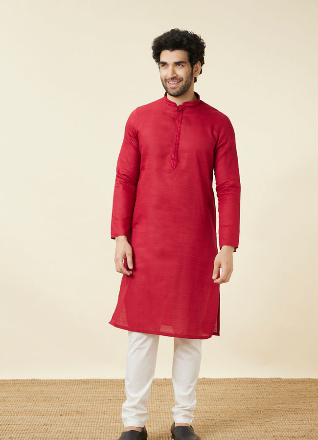 alt message - Manyavar Men True Red Embroidered Neckline Kurta Set image number 2