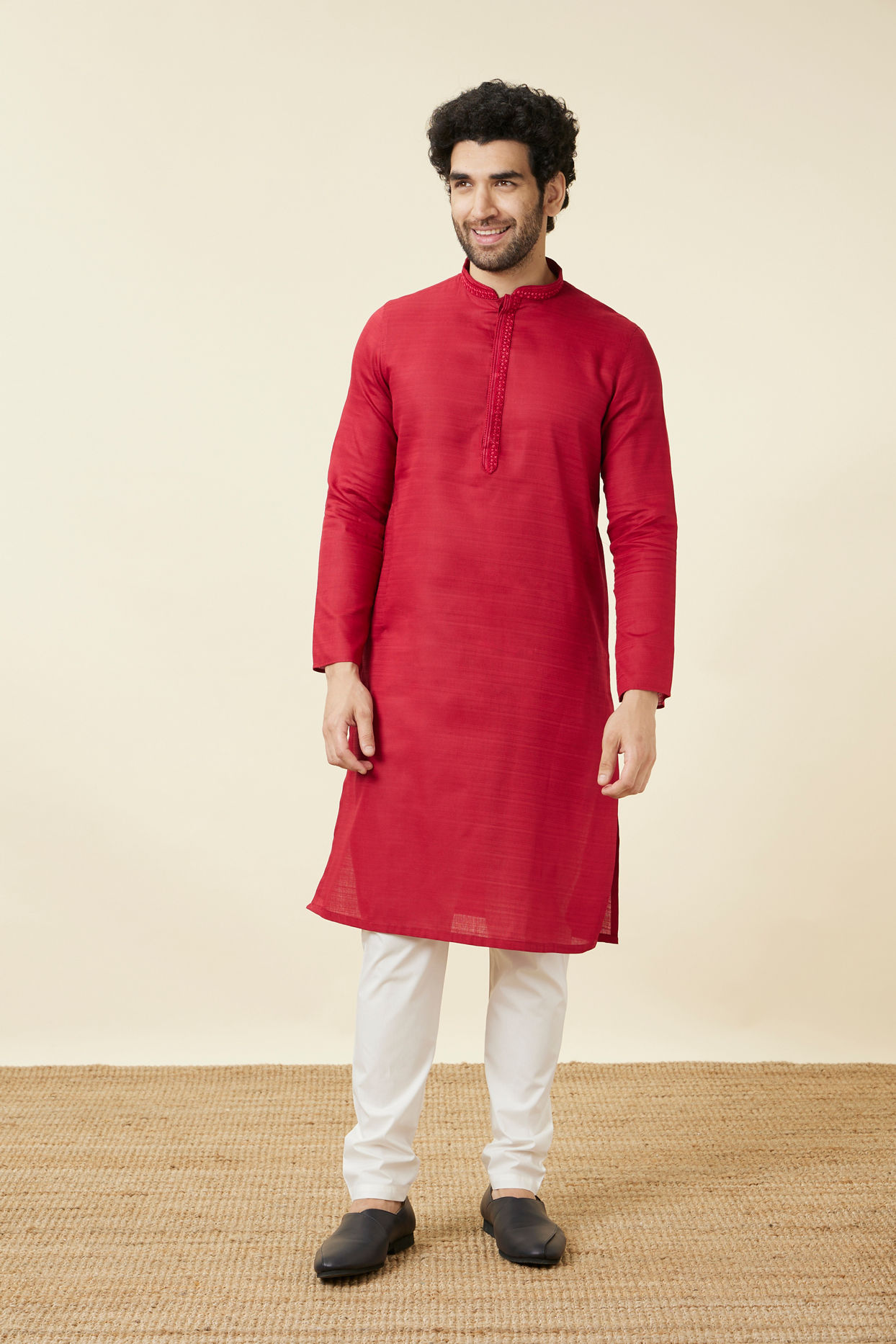 alt message - Manyavar Men True Red Embroidered Neckline Kurta Set image number 2