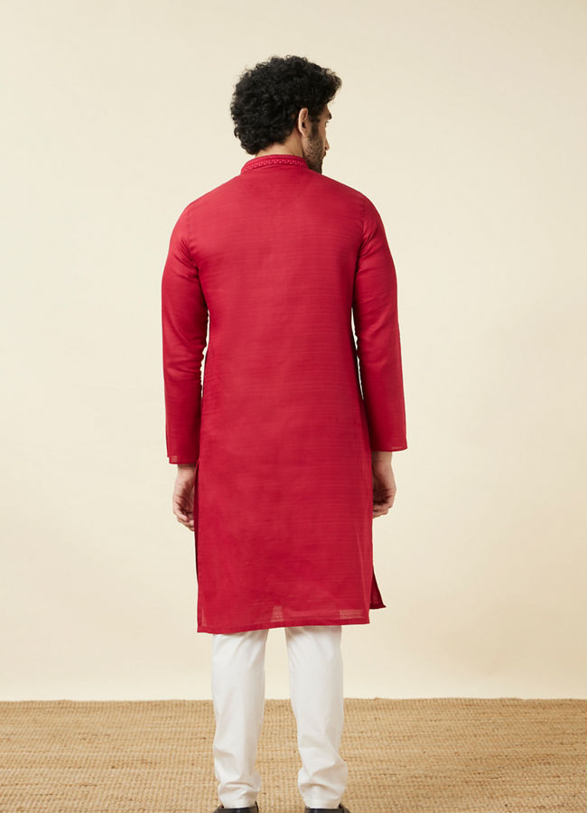 alt message - Manyavar Men True Red Embroidered Neckline Kurta Set image number 5