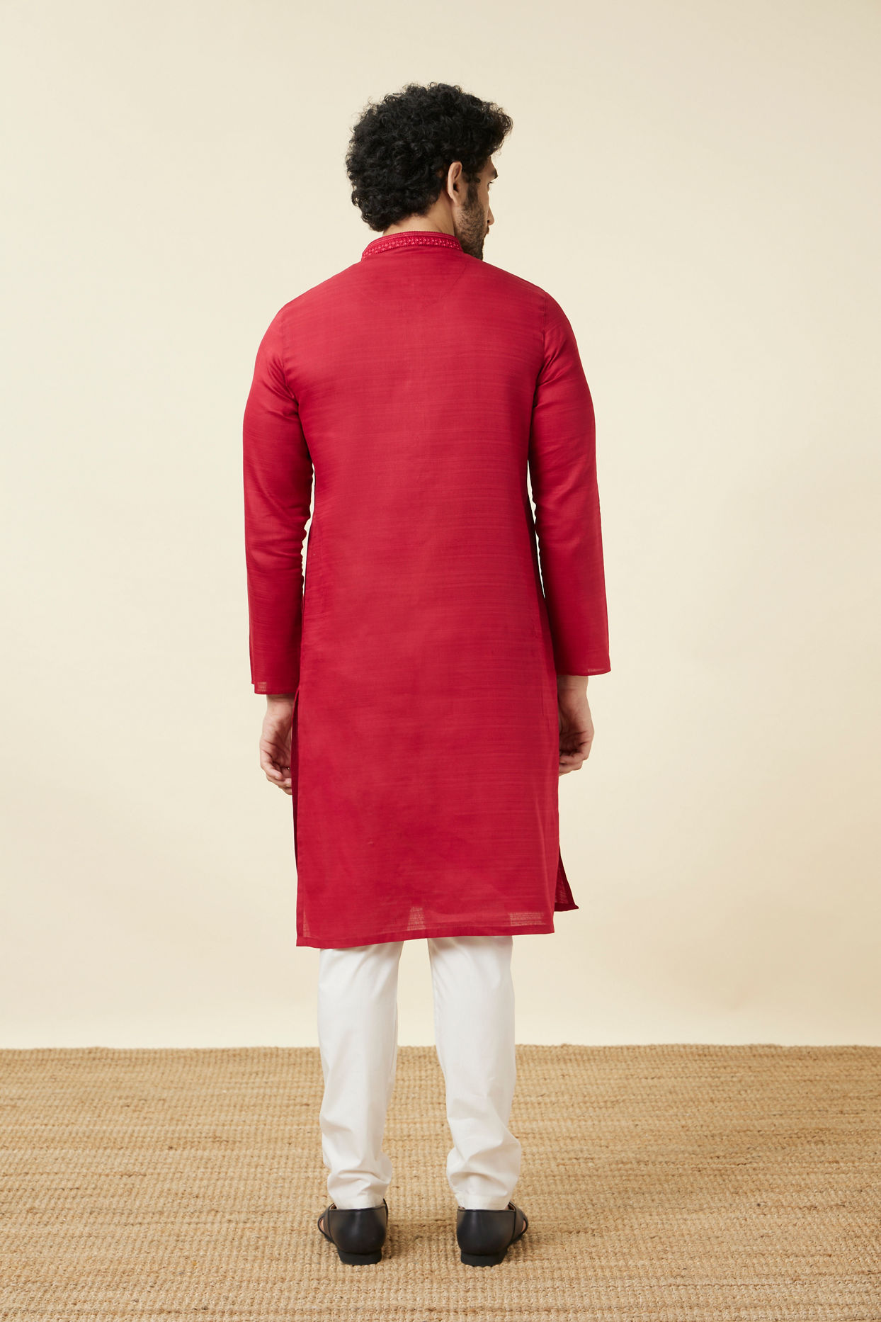 alt message - Manyavar Men True Red Embroidered Neckline Kurta Set image number 5