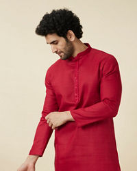 Manyavar Men True Red Embroidered Neckline Kurta Set