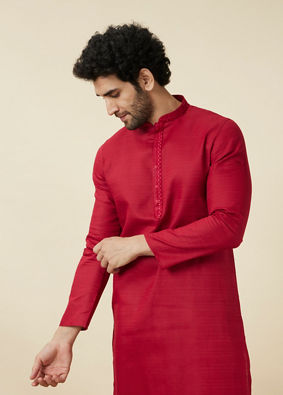 Teal Red Plain Kurta Set with Embroidered Collar image number 0