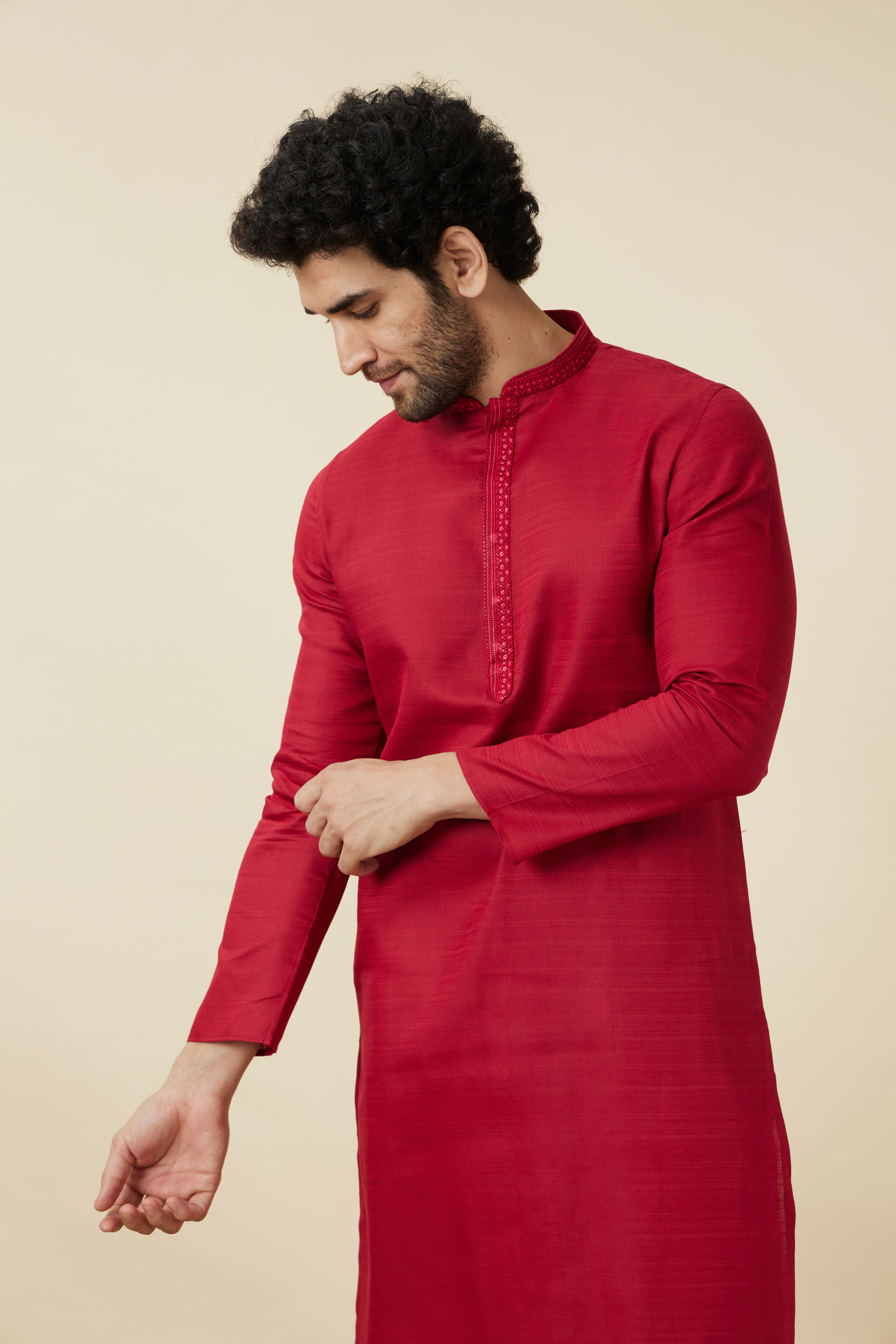 Manyavar Men True Red Embroidered Neckline Kurta Set