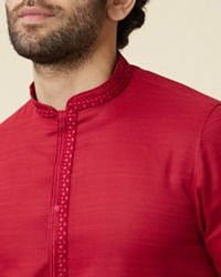 Manyavar Men True Red Embroidered Neckline Kurta Set