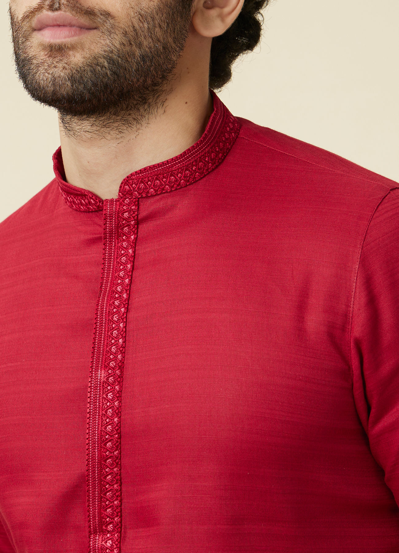 Manyavar Men True Red Embroidered Neckline Kurta Set