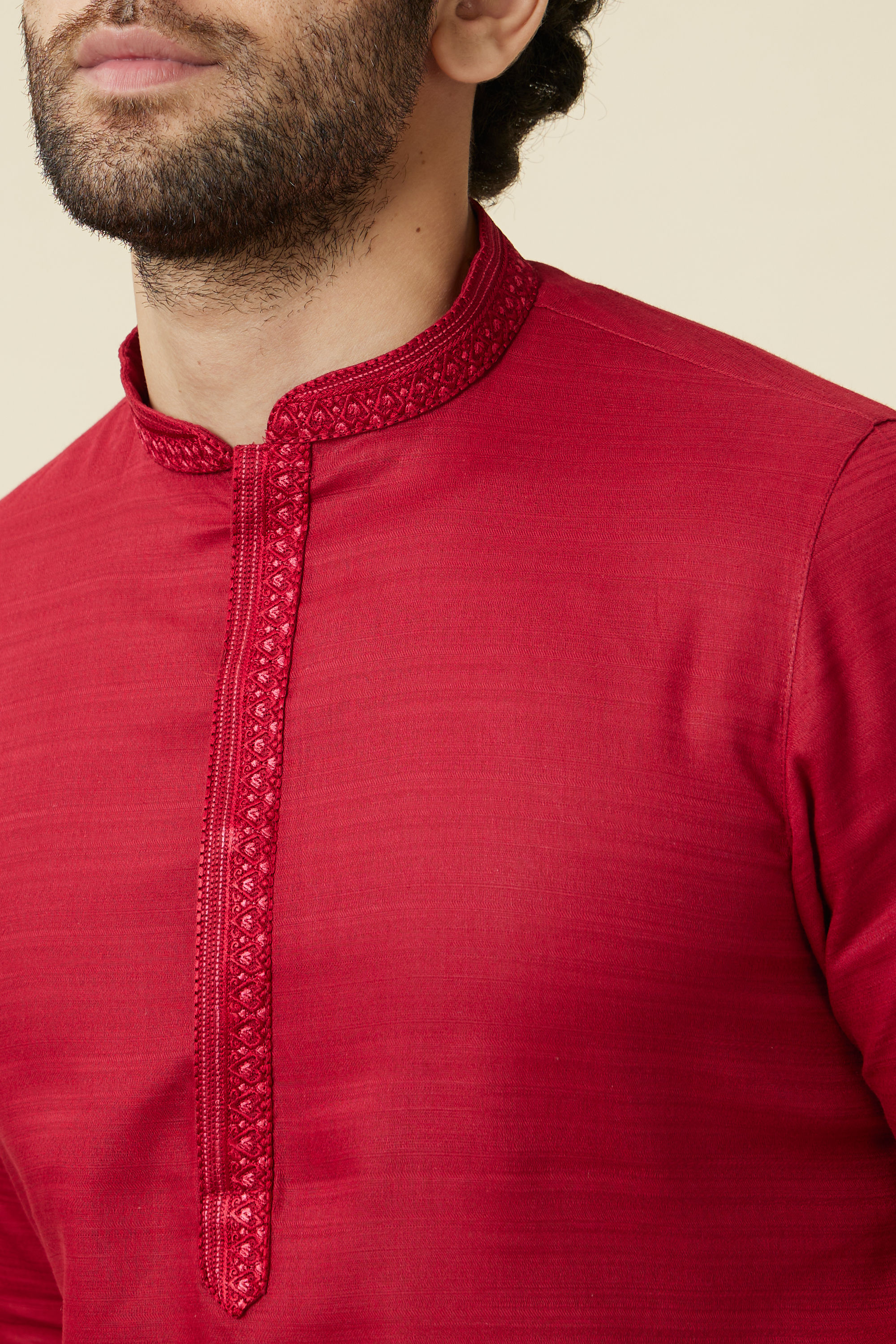 Manyavar Men True Red Embroidered Neckline Kurta Set