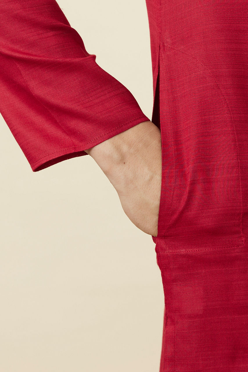 Manyavar Men True Red Embroidered Neckline Kurta Set