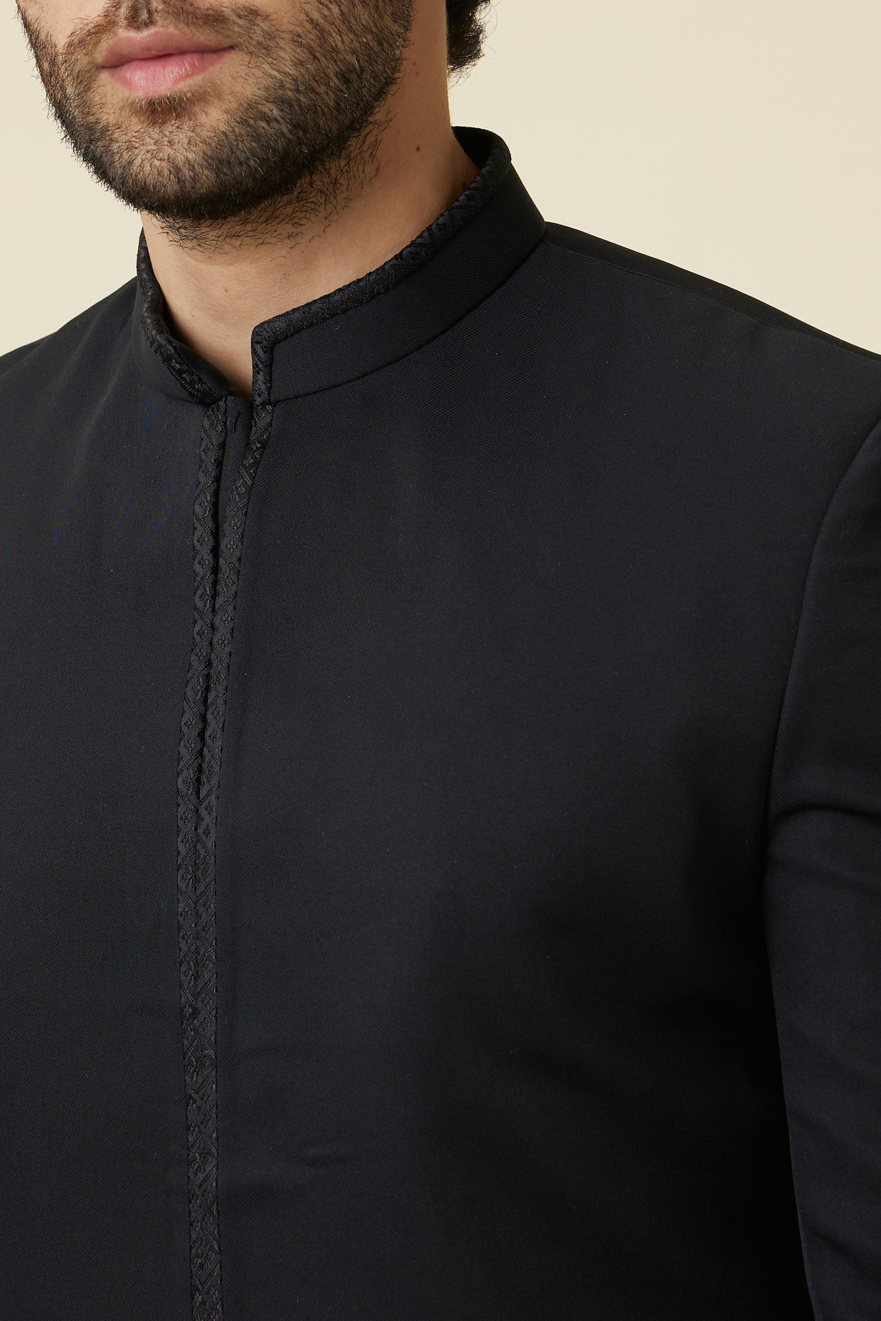Manyavar Men Midnight Black Diamond Patterned Indo Western Set