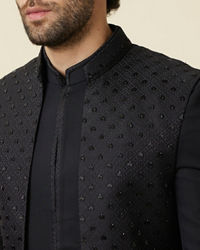 Manyavar Men Midnight Black Diamond Patterned Indo Western Set