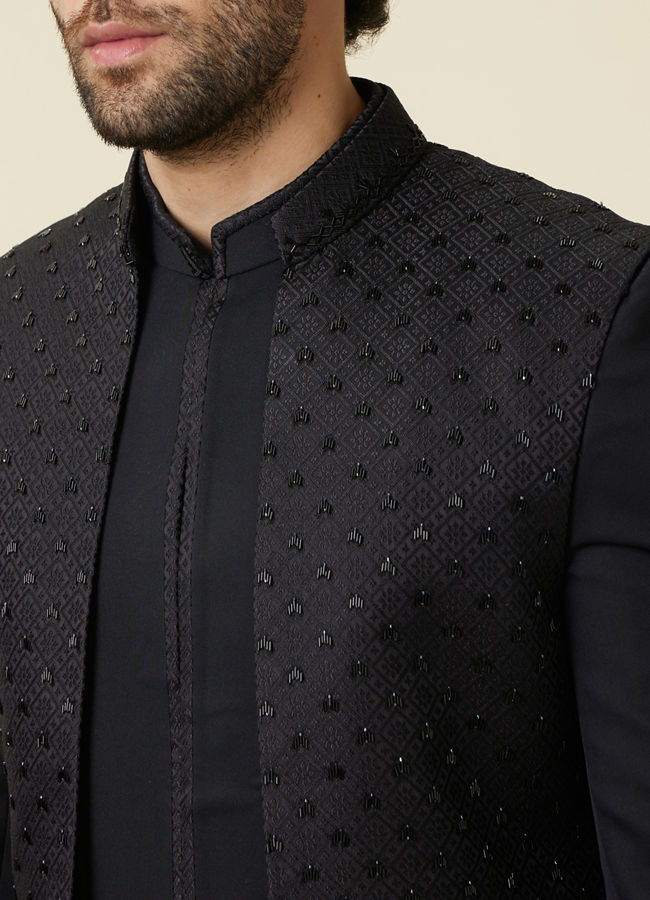 alt message - Manyavar Men Midnight Black Diamond Patterned Indo Western Set image number 1