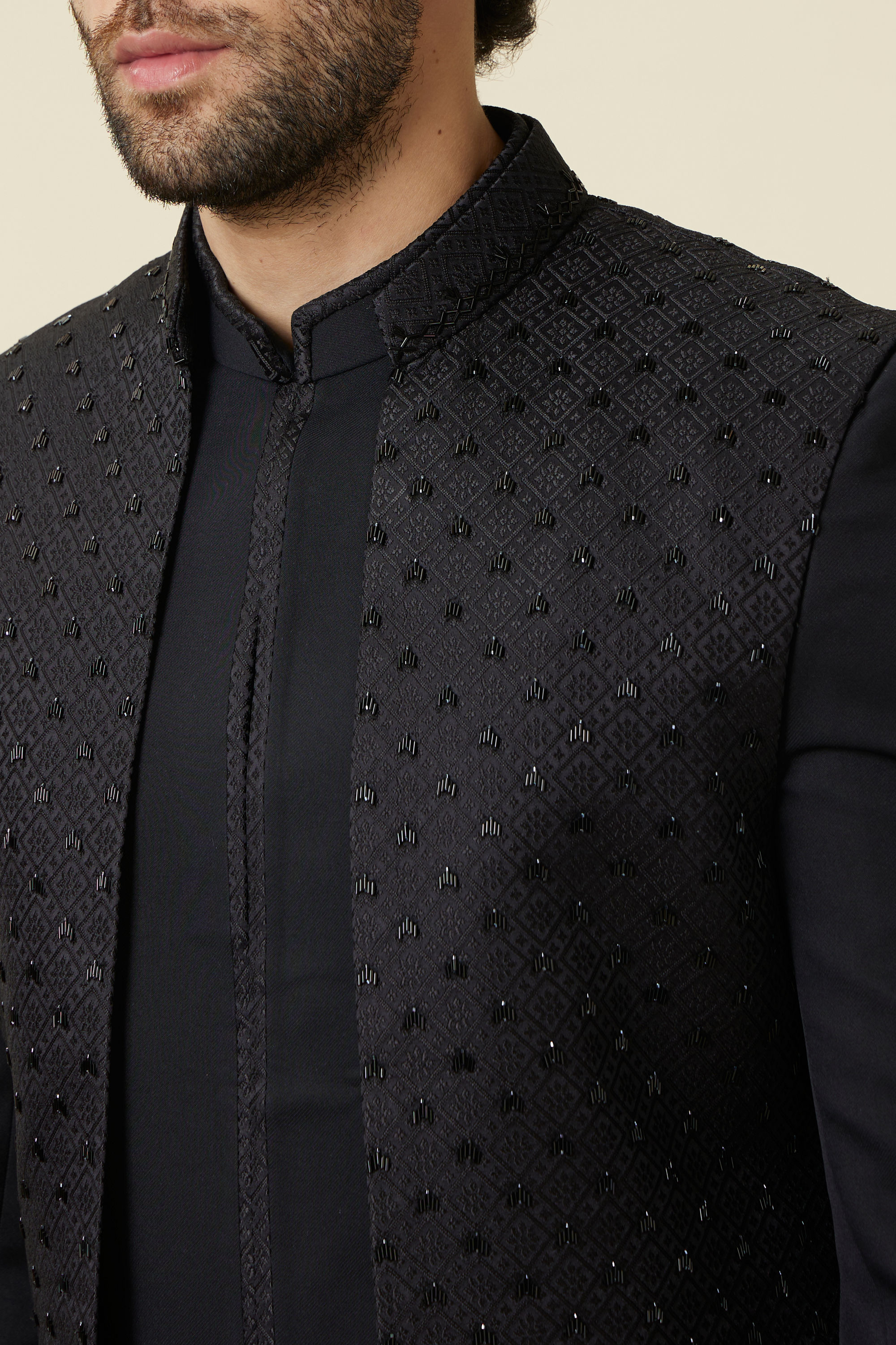 Manyavar Men Midnight Black Diamond Patterned Indo Western Set