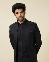 Manyavar Men Midnight Black Diamond Patterned Indo Western Set