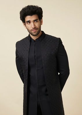 alt message - Manyavar Men Midnight Black Diamond Patterned Indo Western Set image number 0