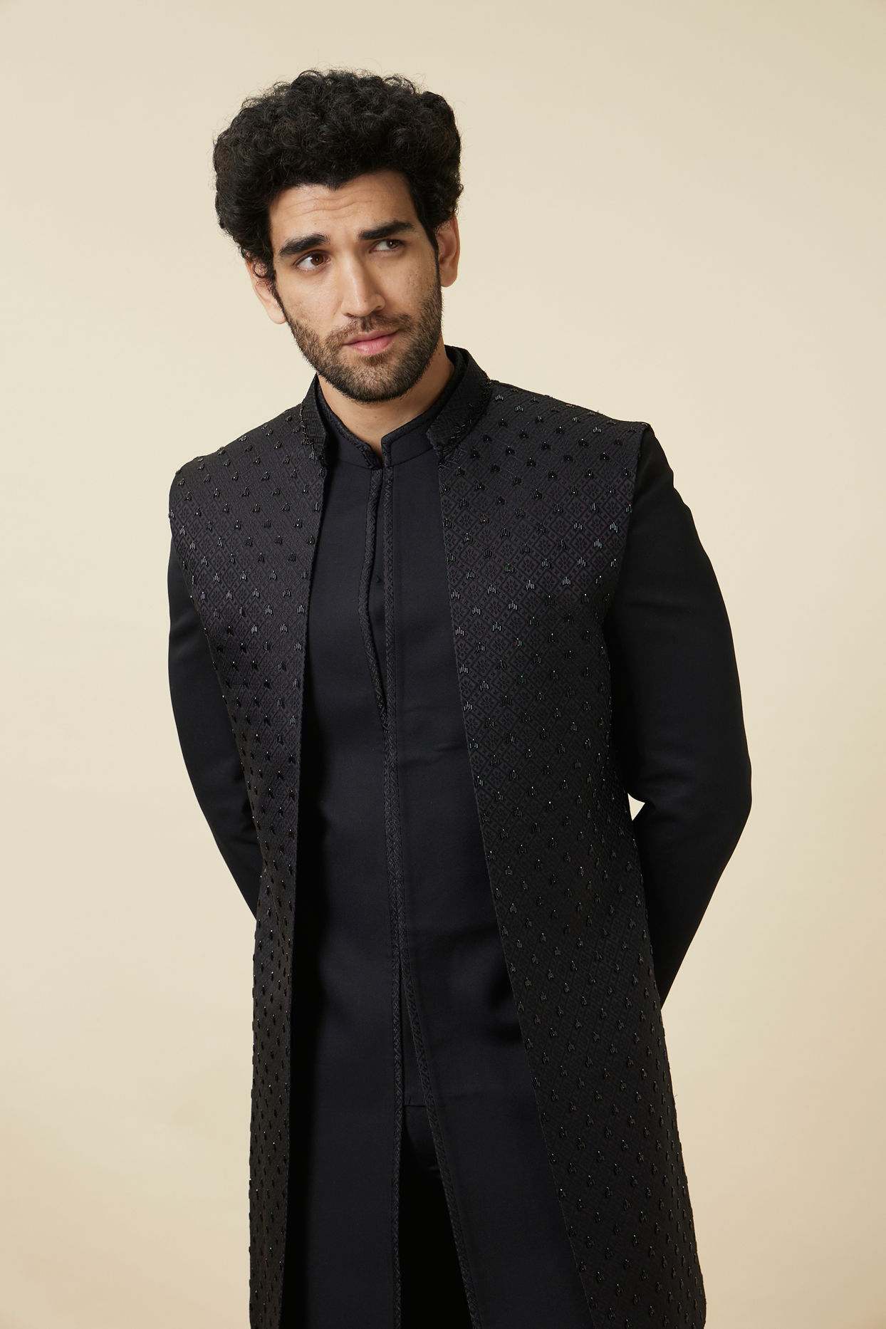 alt message - Manyavar Men Midnight Black Diamond Patterned Indo Western Set image number 0