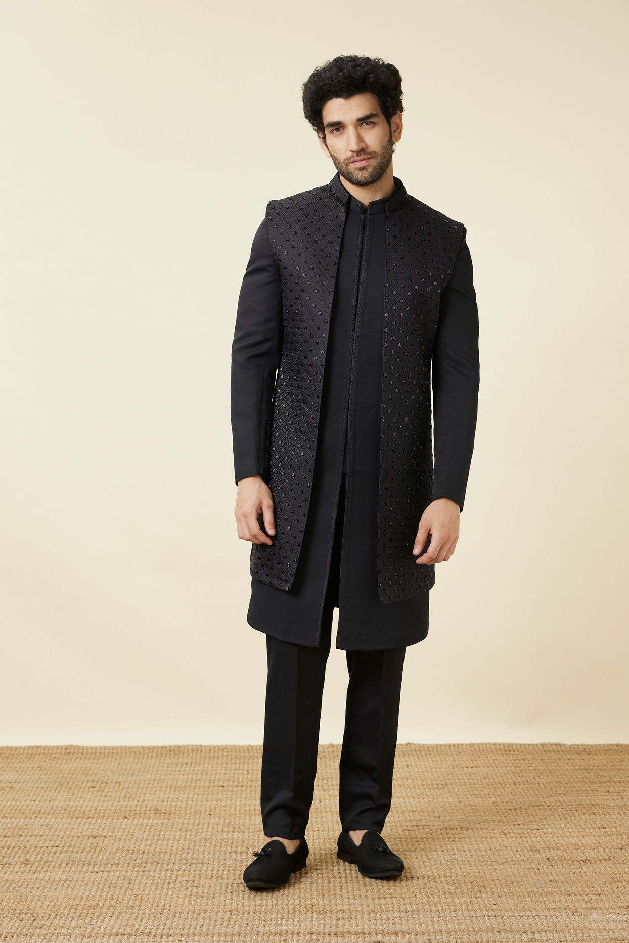 alt message - Manyavar Men Midnight Black Diamond Patterned Indo Western Set image number 3