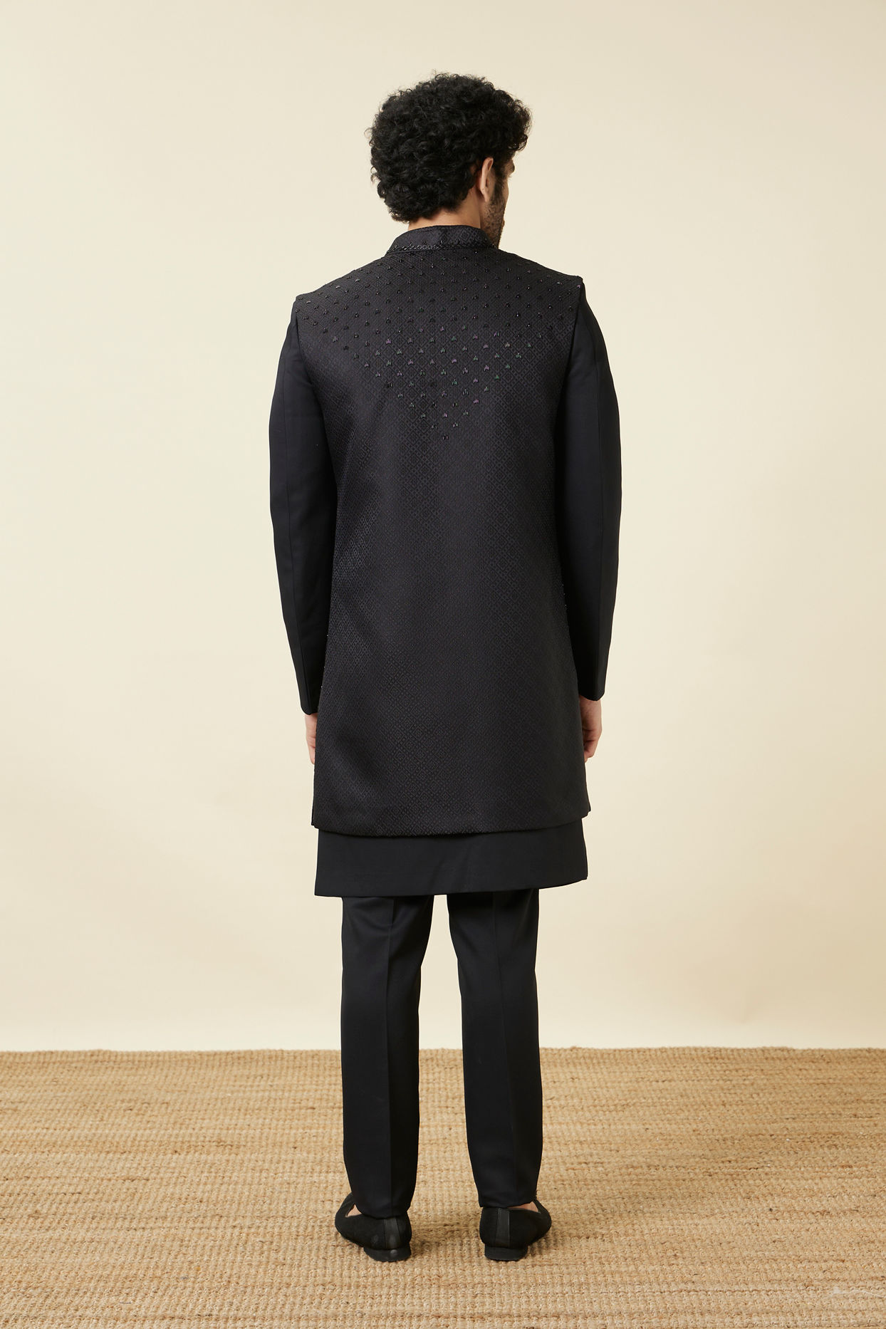 Manyavar Men Midnight Black Diamond Patterned Indo Western Set