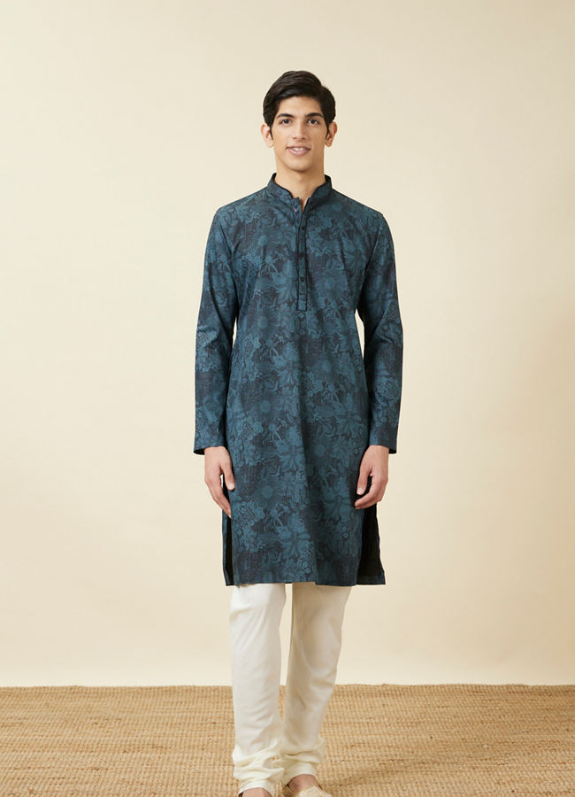 Manyavar Men Crystal Teal Blue Floral Printed Casual Kurta