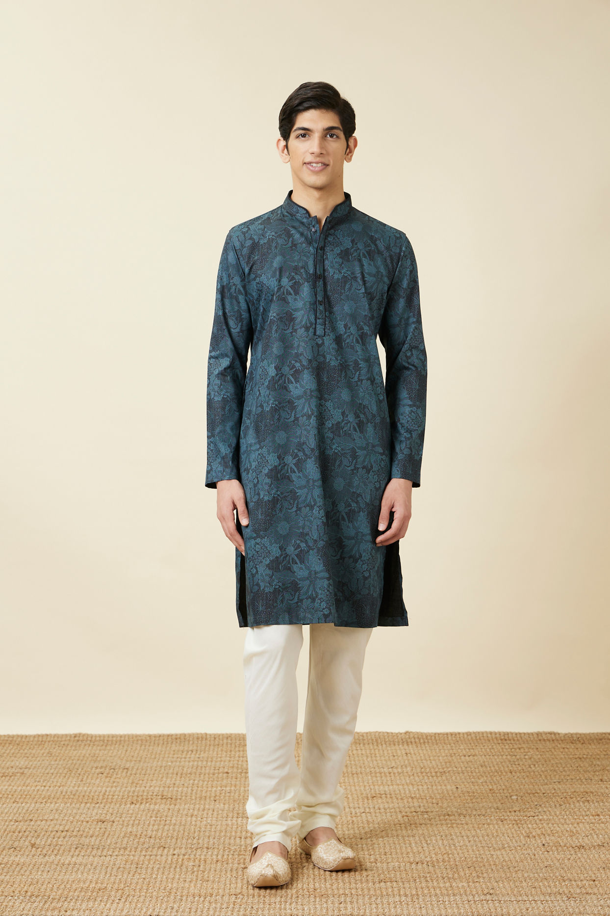 Manyavar Men Crystal Teal Blue Floral Printed Casual Kurta