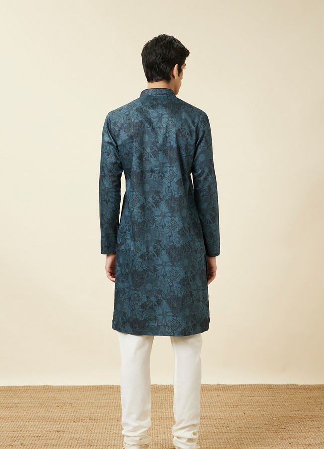Manyavar Men Crystal Teal Blue Floral Printed Casual Kurta