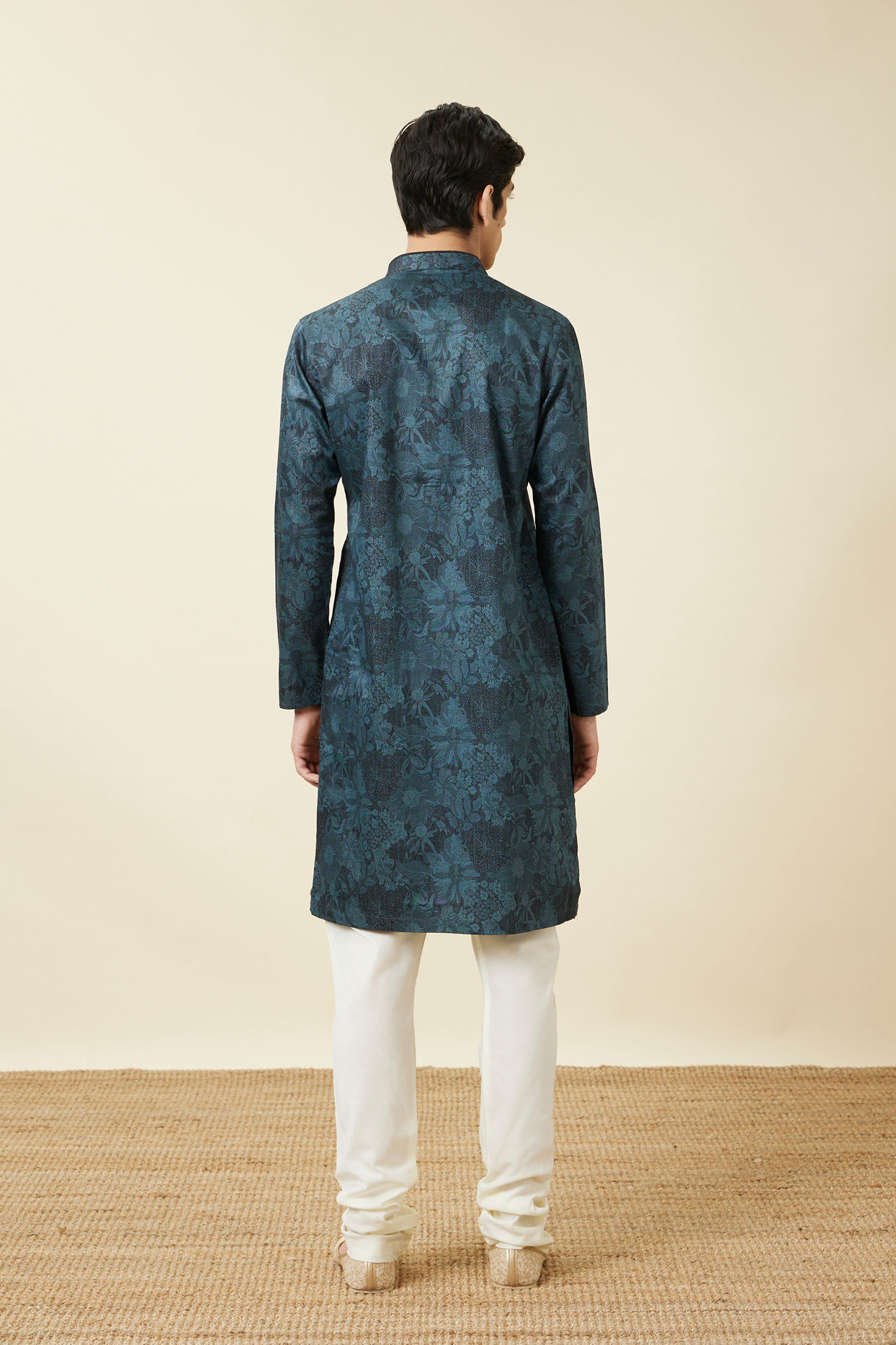 Manyavar Men Crystal Teal Blue Floral Printed Casual Kurta