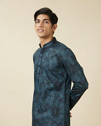 Manyavar Men Crystal Teal Blue Floral Printed Casual Kurta