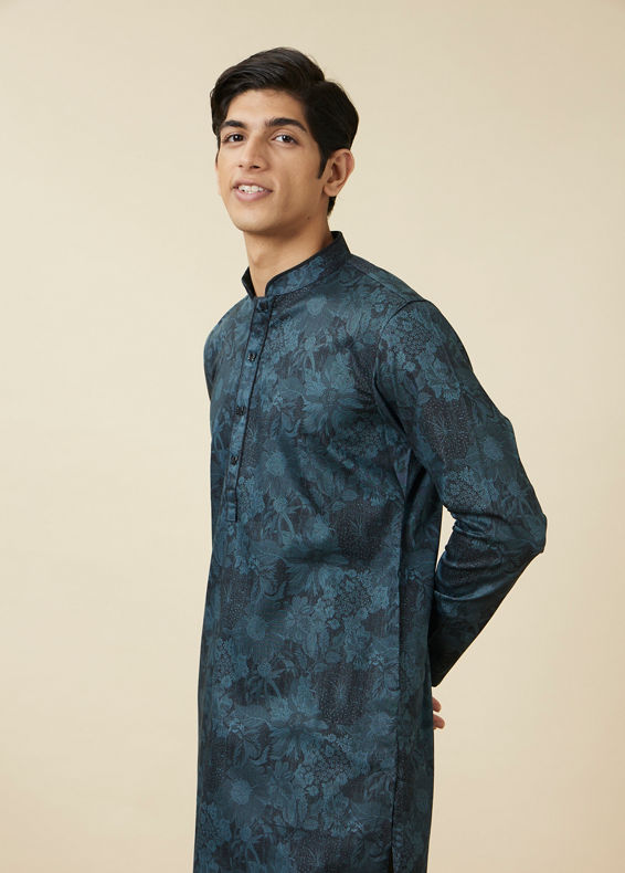 Manyavar Men Crystal Teal Blue Floral Printed Casual Kurta