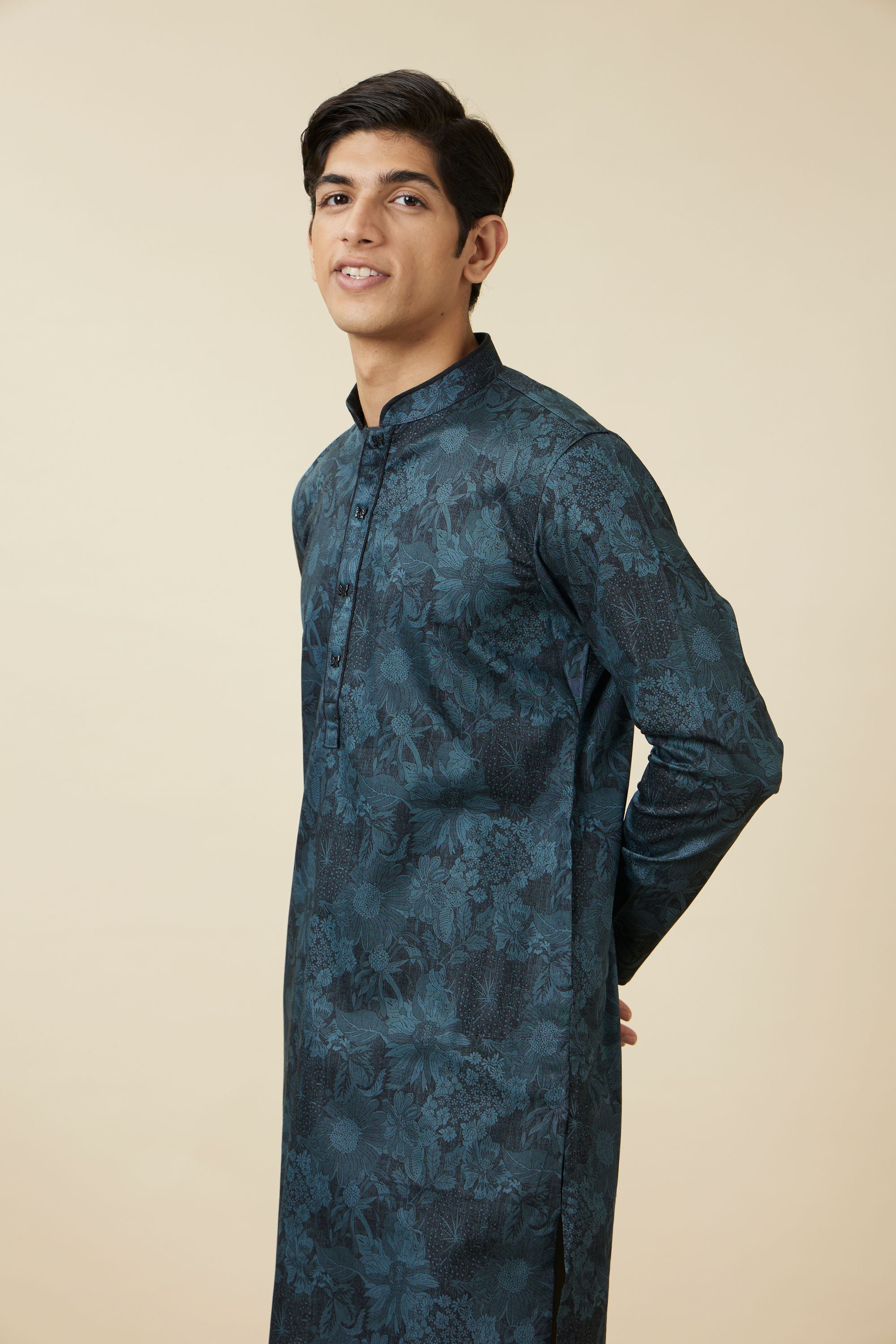 Manyavar Men Crystal Teal Blue Floral Printed Casual Kurta