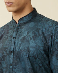 Manyavar Men Crystal Teal Blue Floral Printed Casual Kurta