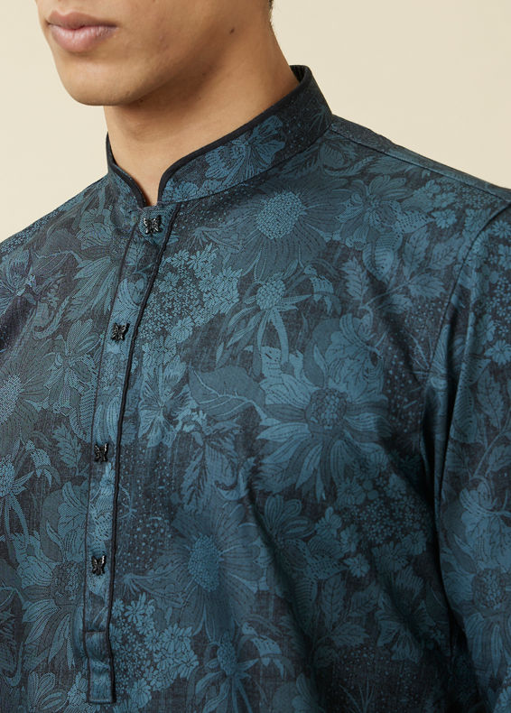 Manyavar Men Crystal Teal Blue Floral Printed Casual Kurta