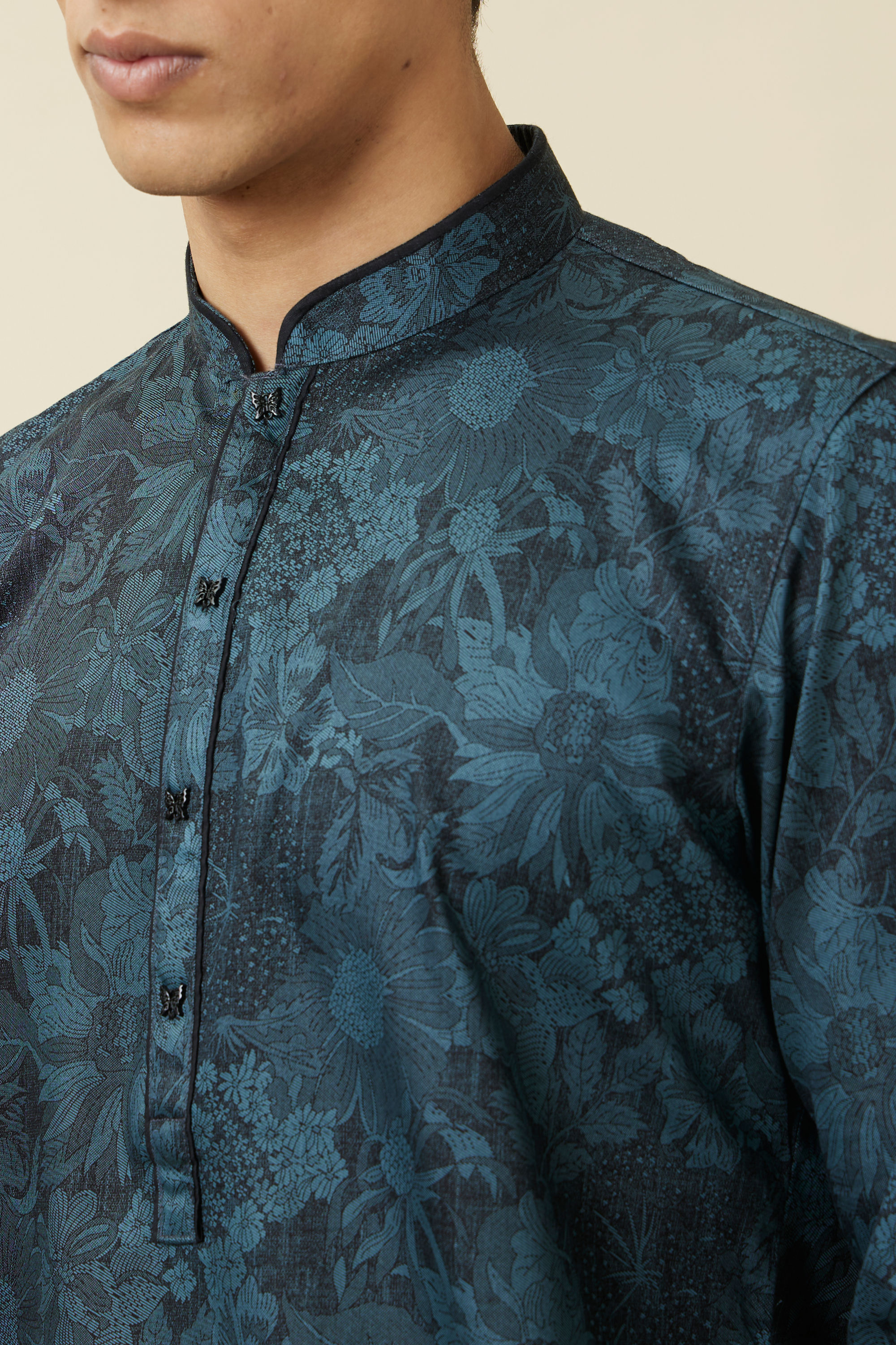 Manyavar Men Crystal Teal Blue Floral Printed Casual Kurta