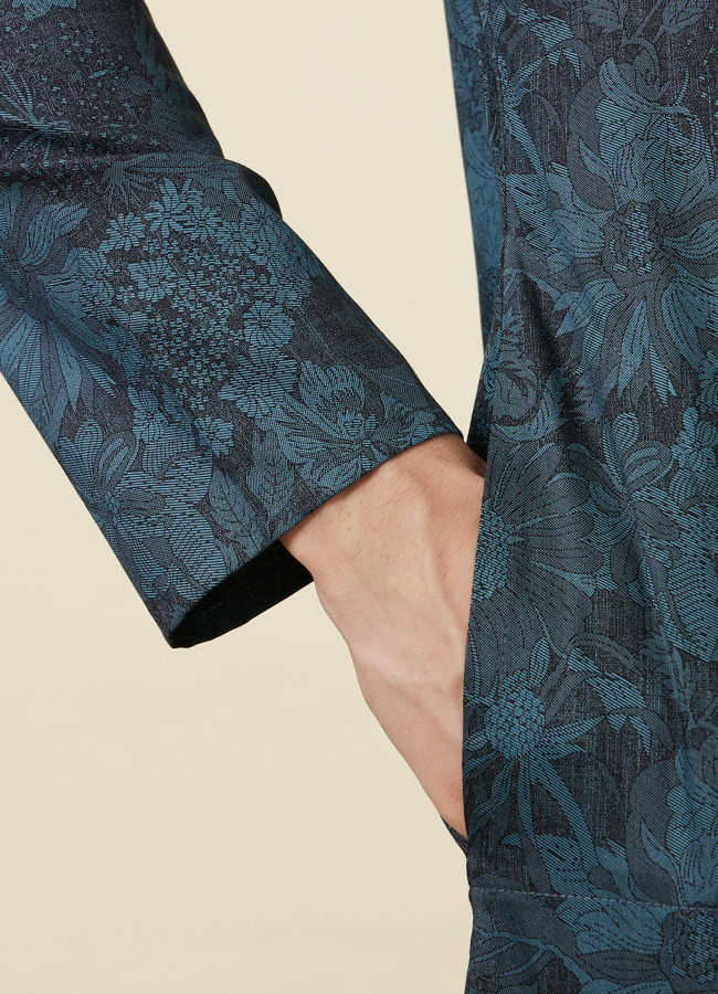 Manyavar Men Crystal Teal Blue Floral Printed Casual Kurta