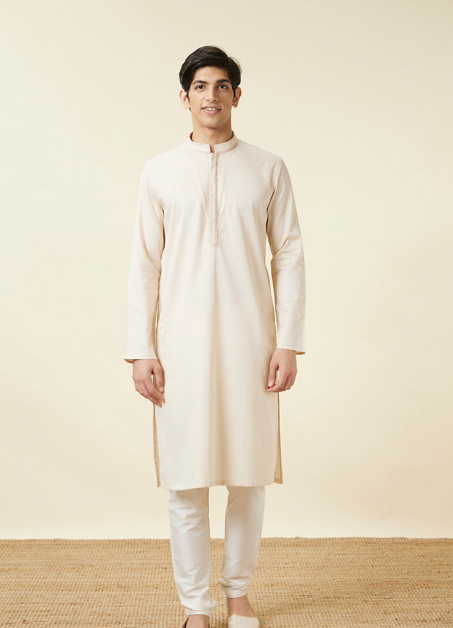 alt message - Manyavar Men Ivory White Embroidered Neckline Kurta Set image number 2