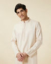 alt message - Manyavar Men Ivory White Embroidered Neckline Kurta Set image number 0