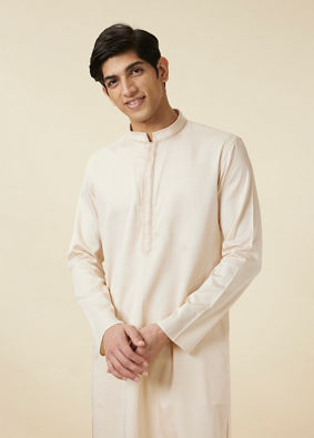 Manyavar Men Ivory White Embroidered Neckline Kurta Set