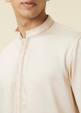 alt message - Manyavar Men Ivory White Embroidered Neckline Kurta Set image number 1