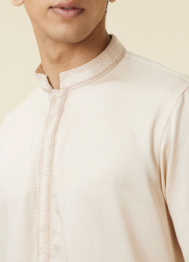 Manyavar Men Ivory White Embroidered Neckline Kurta Set