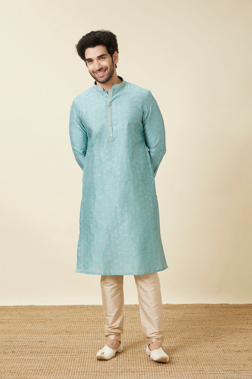 Manyavar Men Aqua Blue Buta Patterned Kurta Set