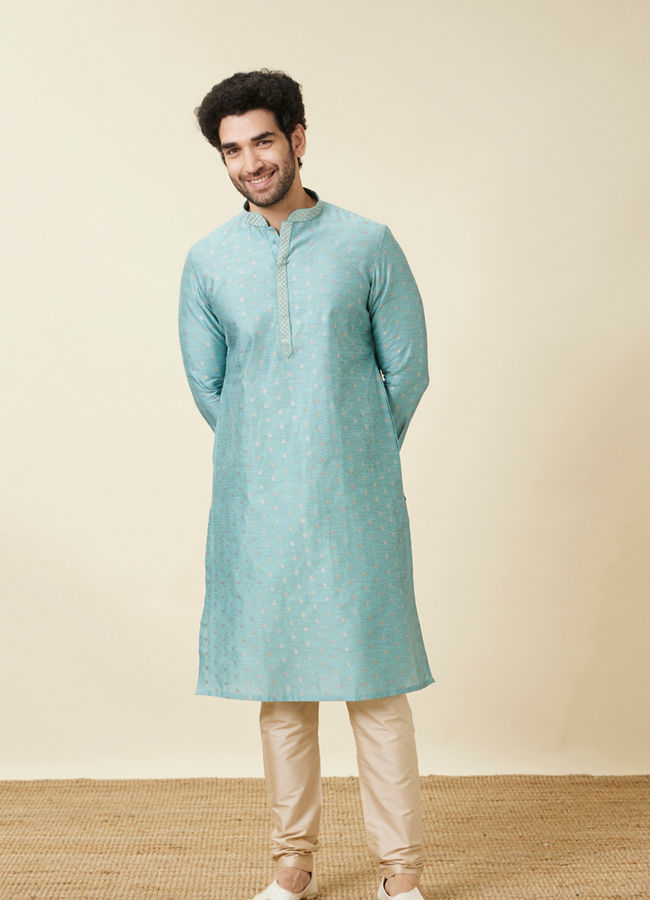 alt message - Manyavar Men Aqua Blue Buta Patterned Kurta Set image number 2