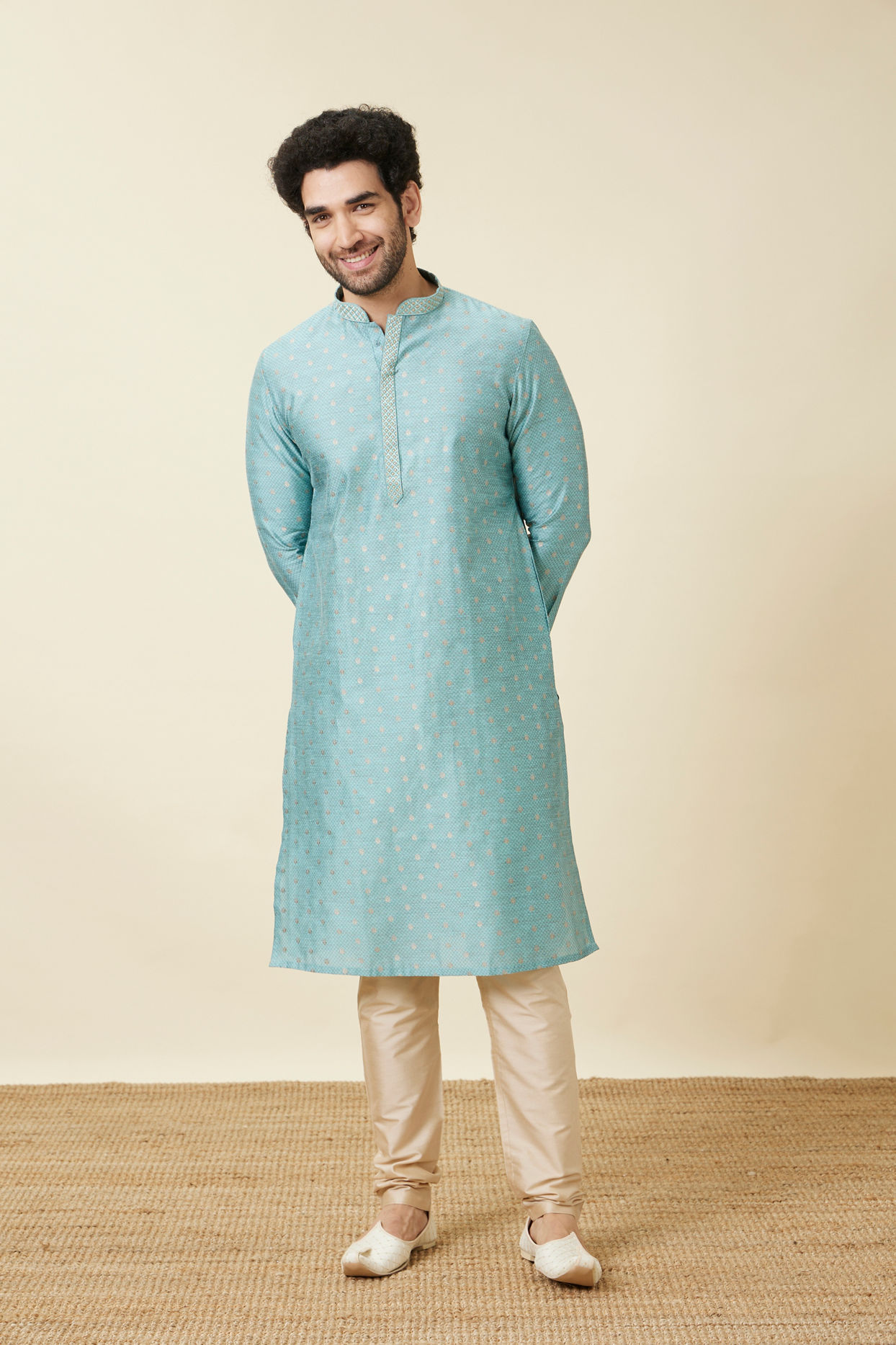 Manyavar Men Aqua Blue Buta Patterned Kurta Set
