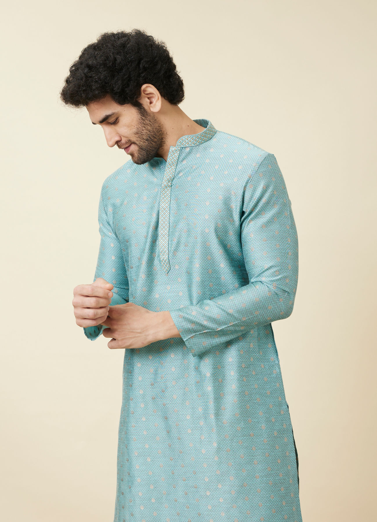 Manyavar Men Aqua Blue Buta Patterned Kurta Set