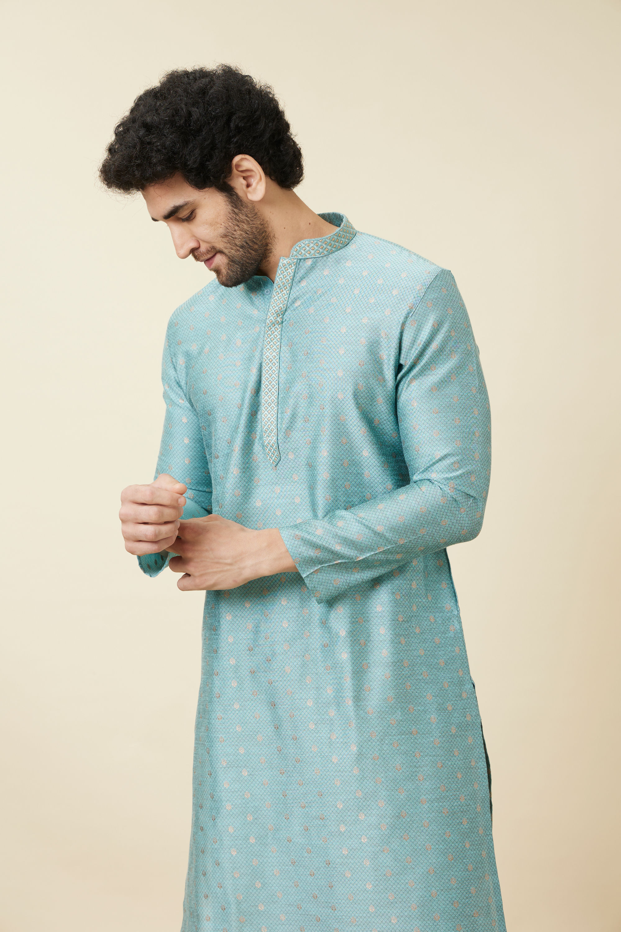 Manyavar Men Aqua Blue Buta Patterned Kurta Set