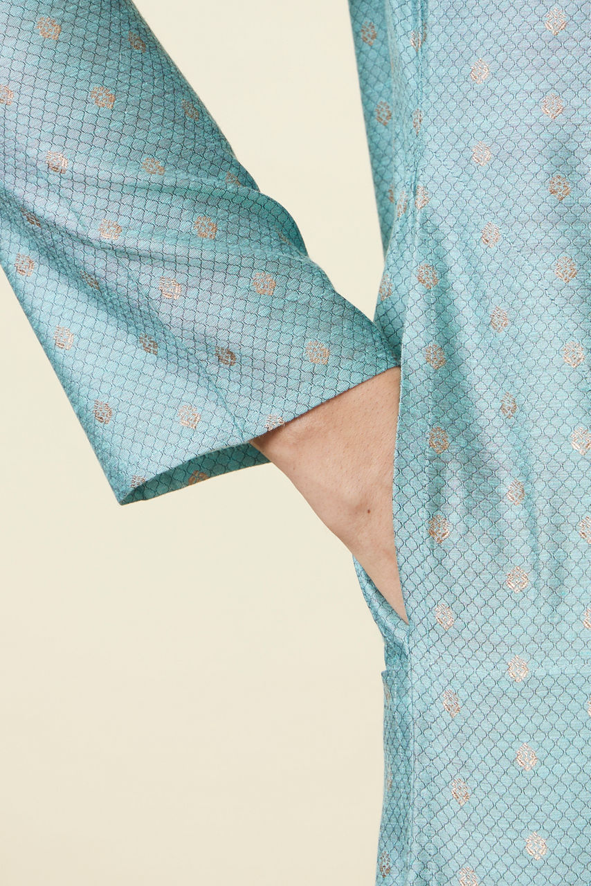 Manyavar Men Aqua Blue Buta Patterned Kurta Set